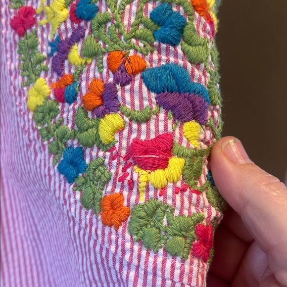 Sister Mary Floral Embroidered Seersucker Dress Cottagecore Boho Womens Sm - Picture 7 of 7